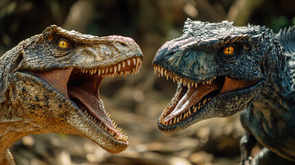 Fototapeta premium Dramatic battle between two fierce dinosaurs in prehistoric landscape, showcasing power, aggression, and survival in the ancient world
