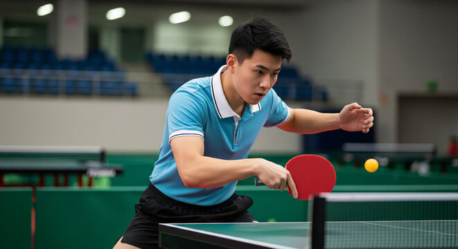 Focused young Asian man playing table tennis, capturing a dynamic moment of competition and skill in an indoor sports arena - Powered by Adobe