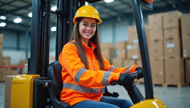 Smiling woman operator drives forklift truck in warehouse. Female worker in safety jacket, yellow helmet operating heavy machinery. Logistic, distribution, supply chain occupation. Boxes on