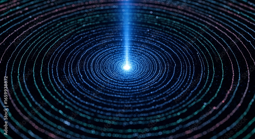 Poster abstract image of concentric circles of light, radiating from a central point, creating a dynamic an