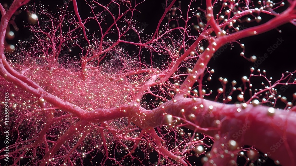 Poster a detailed microscopic view showcasing the intricate structure and interconnectivity of neurons and 