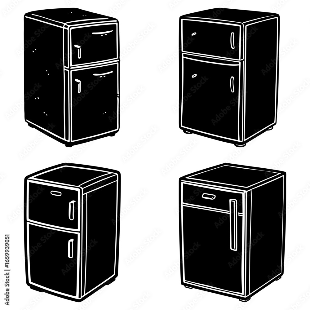 Poster four black and white illustrations of file cabinets with drawers and handles in different styles