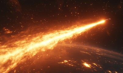 Image of a space exploration rocket launching from Earth, with a fiery trail behind it. The concept highlights the thrilling moment of departure and the excitement of space exploration, Generative AI