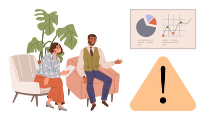 Two colleagues seated, analyzing charts, warning sign, and data trends on screen. Ideal for teamwork, business risk, analytics, strategy, caution communication simple flat metaphor