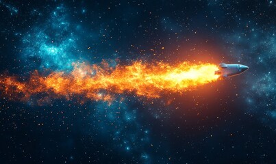 Image of a space exploration rocket launching from Earth, with a fiery trail behind it. The concept highlights the thrilling moment of departure and the excitement of space exploration, Generative AI