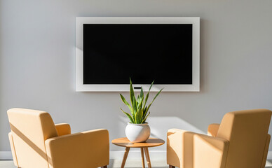 Fototapeta premium Wall-mounted Tv In Sunlit Lounge With Cozy Armchairsframe mockup, wooden wall, hanging, blank, empty space, rope, light wood, minimalist, modern, design, template, rustic, natural, home decor, interio