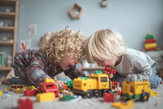 Two little kids are fighting in room at home. Children pull same toy each in their own direction. Babies crying and screaming. Relations of sibling in family. Babies adaptation in groups