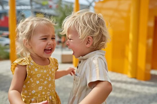 Little kids are anger a heated argument during walk outside.
