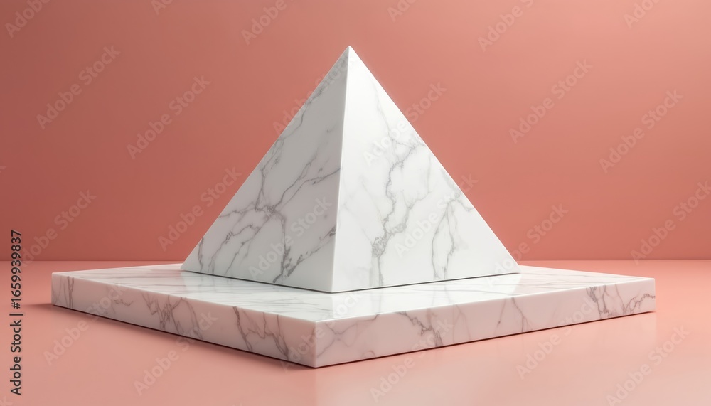 Poster marble pyramid on marble square base against pink background. geometric three-dimensional object wit