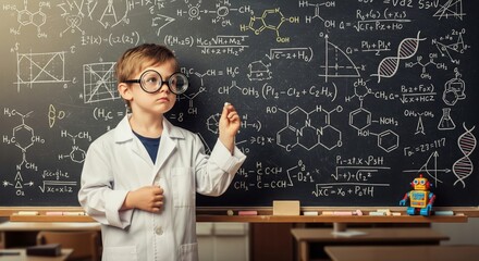 Child in lab coat and oversized glasses standing at blackboard filled with complex scientific and chemical formulas in classroom setting