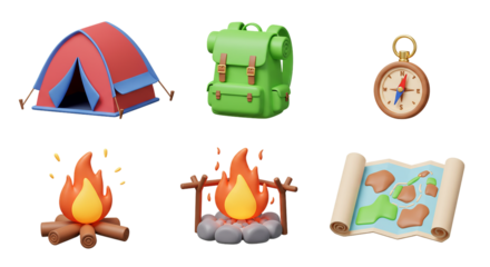 3D Camping & Adventure Icon Pack: Tent, Backpack, Compass, and Campfire