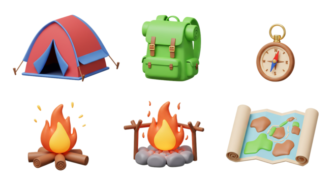 3D Camping & Adventure Icon Pack: Tent, Backpack, Compass, and Campfire