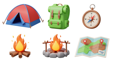 3D Camping & Adventure Icons: Tent, Backpack, Compass, and Campfire
