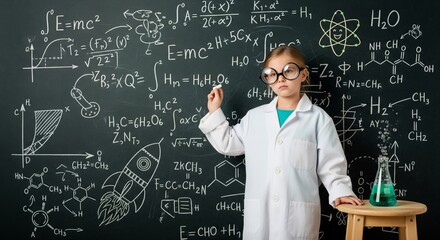 Child scientist in lab coat doing chemistry experiment in classroom with blackboard full of science and math formulas, education and STEM learning for future innovation and discovery