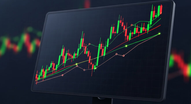Computer screen displays candlestick chart, green and red bars showing stock market trends, overlaid with trend lines, symbolizing financial data analysis and investment strategy