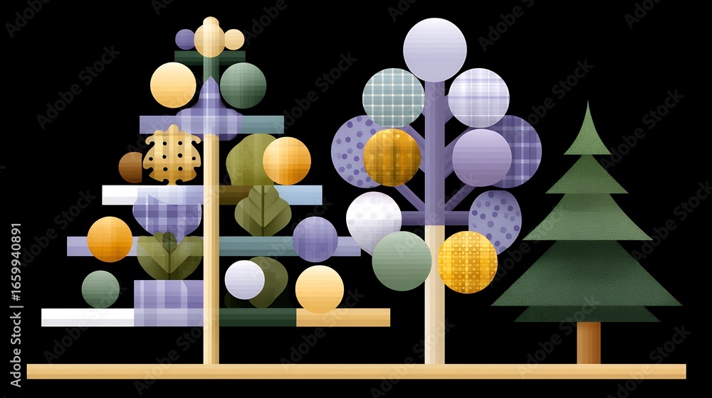 Poster stylized geometric trees with colorful patterns and shapes