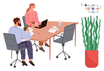 Fototapeta premium Two coworkers working at table with laptop, papers, and mug. Flowchart for process optimization on wall. Ideal for teamwork, workplace, brainstorming, productivity, technology innovation simple