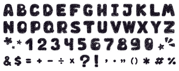 English alphabet crayon letter and number. Black pencil kid hand drawn font design. Playful drawing art for school projects or learning. Children vector illustration of chalk pastel typography.