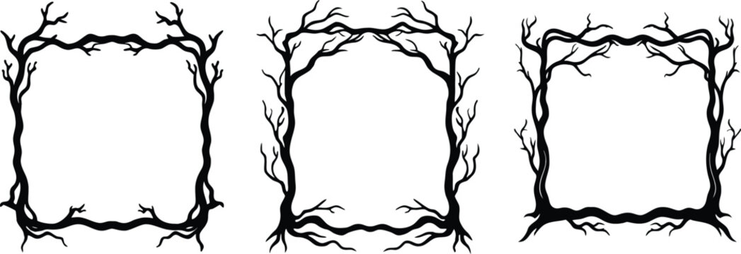 Vector art of three unique black and white square frames made from twisted tree branches and roots perfect for a spooky or rustic design