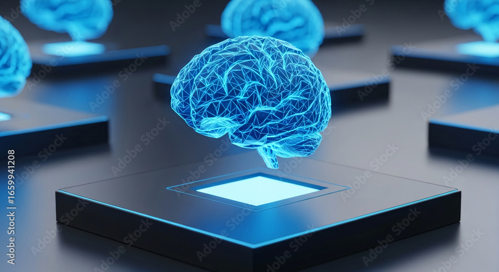Poster blue glowing wireframe brain model on dark platform, showcasing artificial intelligence, neural netw