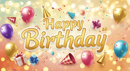 A festive happy birthday illustration with balloons, gifts, and party hats on a bokeh background