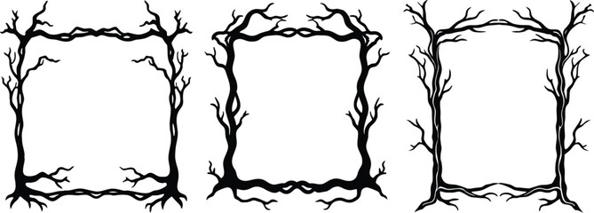 Vector art of three unique black and white square frames made from twisted tree branches and roots perfect for a spooky or rustic design