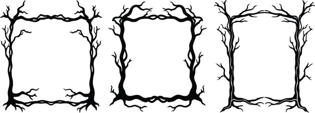 Vector art of three unique black and white square frames made from twisted tree branches and roots perfect for a spooky or rustic design