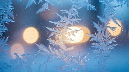 AI-generated blue winter background with delicate frost patterns and sparkling highlights from festive lights. Atmospheric, cold, and festive winter scene, perfect for Christmas and holiday designs.