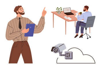 Manager giving directions with file in hand, employee seated at desk with laptop and coffee, CCTV camera connected to cloud. Ideal for workplace, surveillance, technology, security, management