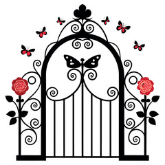 Elegant garden wrought iron gate with roses and butterflies (1)