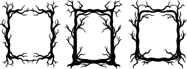 Vector art of three unique black and white square frames made from twisted tree branches and roots perfect for a spooky or rustic design