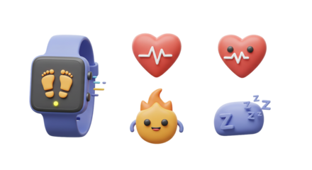  3D Fitness & Wellness Icons: Smartwatch, Heart Rate, and Calorie Burn