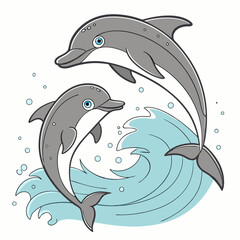 Obraz premium Two playful cartoon dolphins leaping and splashing in blue ocean waves with bubbles