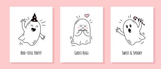 Halloween greeting cards set with cute ghosts in line art and themed inscriptions on a pink background. Hand Drawn Kawaii Doodle Characters. Festive Halloween illustrations for banners, templates
