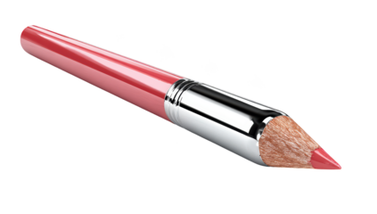 Close-up of a pink lip liner pencil, showing details, and sharpened tip