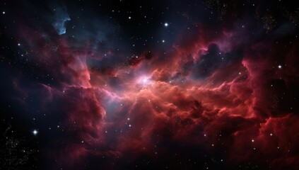 Fototapeta premium A vibrant red and purple nebula with bright stars scattered across a deep space background, showcasing cosmic clouds and celestial formations.
