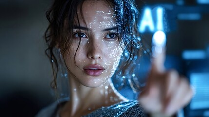 Futuristic portrait of a software engineer interacting with a holographic artificial intelligence interface, activating ai algorithms with a touch