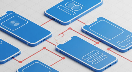 Blue smartphones interconnected, showcasing network connectivity and app design mockup, representing digital communication and technology, ideal for website banner or app marketing