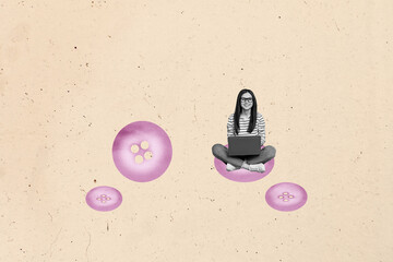 Collage of digital freelancer woman using laptop while sitting on abstract elements remote work...
