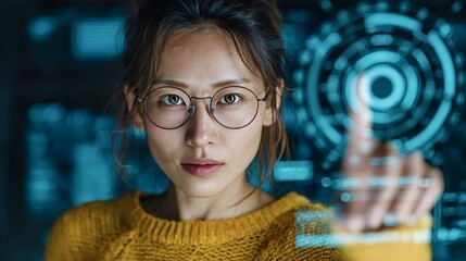 Young female computer programmer wearing glasses interacting with futuristic software using a touchscreen interface, possibly working on a complex coding project or analyzing data