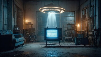 Mysterious ufo is hovering over a retro television set in an abandoned room, casting an eerie blue light, creating a suspenseful and otherworldly scene