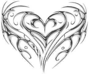 Abstract metallic futuristic 3D tribal y2k chrome heart shape, aesthetic cyber gothic style...