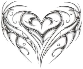 Abstract metallic futuristic 3D tribal y2k chrome heart shape, aesthetic cyber gothic style neotribal tattoo design