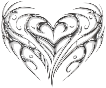 Abstract metallic futuristic 3D tribal y2k chrome heart shape, aesthetic cyber gothic style neotribal tattoo design