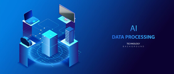 Integration system of different device to transform information. Data transmission. Server room, cloud, computer laptop concept. Big data processing. Isomteric technology vector.