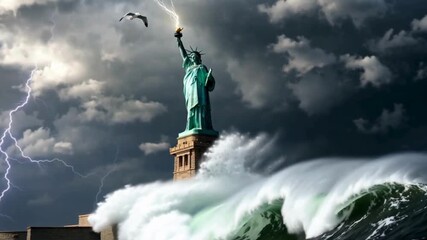Statue of Liberty under Stormy Skies, Showing adverse effects of Global Warming, Symbol of Hope Amid Darkness