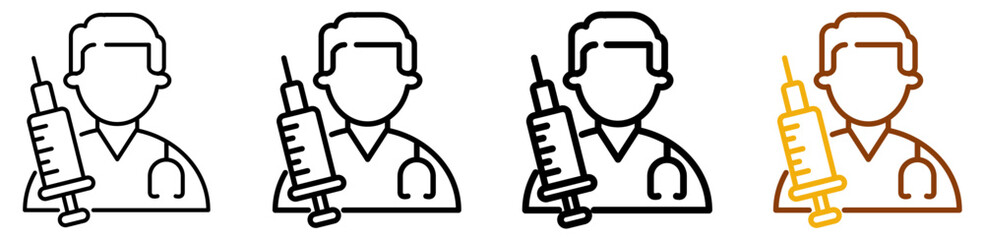 Doctor injection icon set in modern outline style for hospital dashboards, clinical healthcare platforms, and vaccination programs, featuring multistyle stroke and full color variation set
