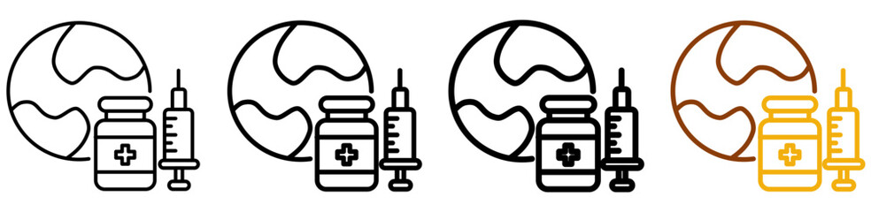 Global vaccination icon set in modern outline style for pandemic control, worldwide immunization initiatives, and health protection platforms, featuring multistyle stroke and full color variation set