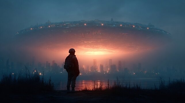 Soldier with a backpack observing a massive alien spaceship hovering over a city at dusk, casting an eerie orange glow and creating a sense of impending invasion and mystery