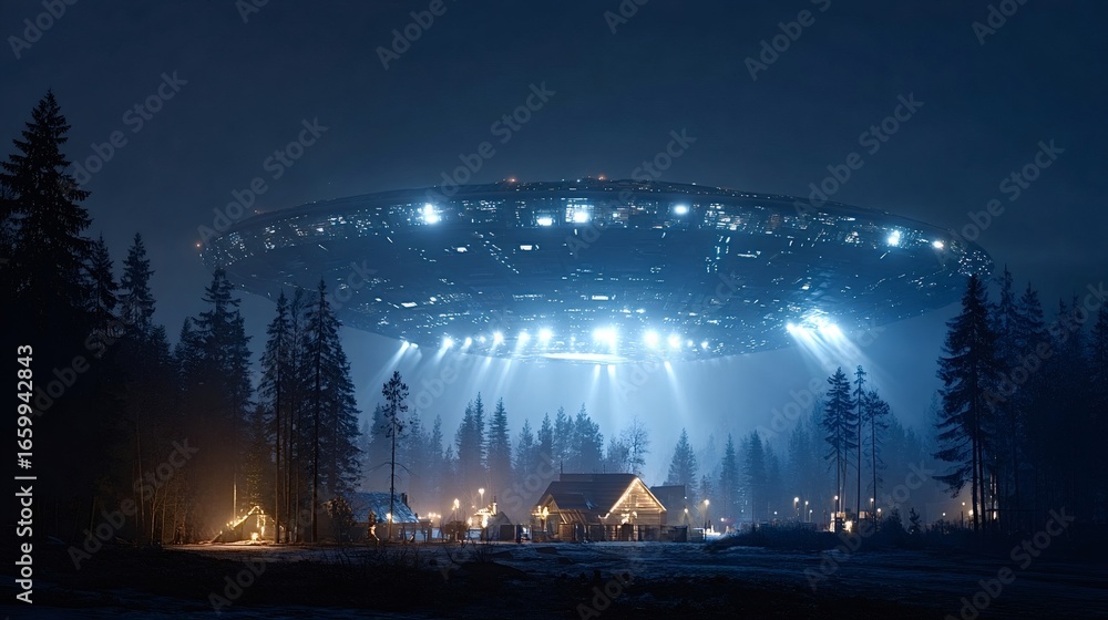 Poster large unidentified flying object with bright lights hovers over a snowy village in a forest at night